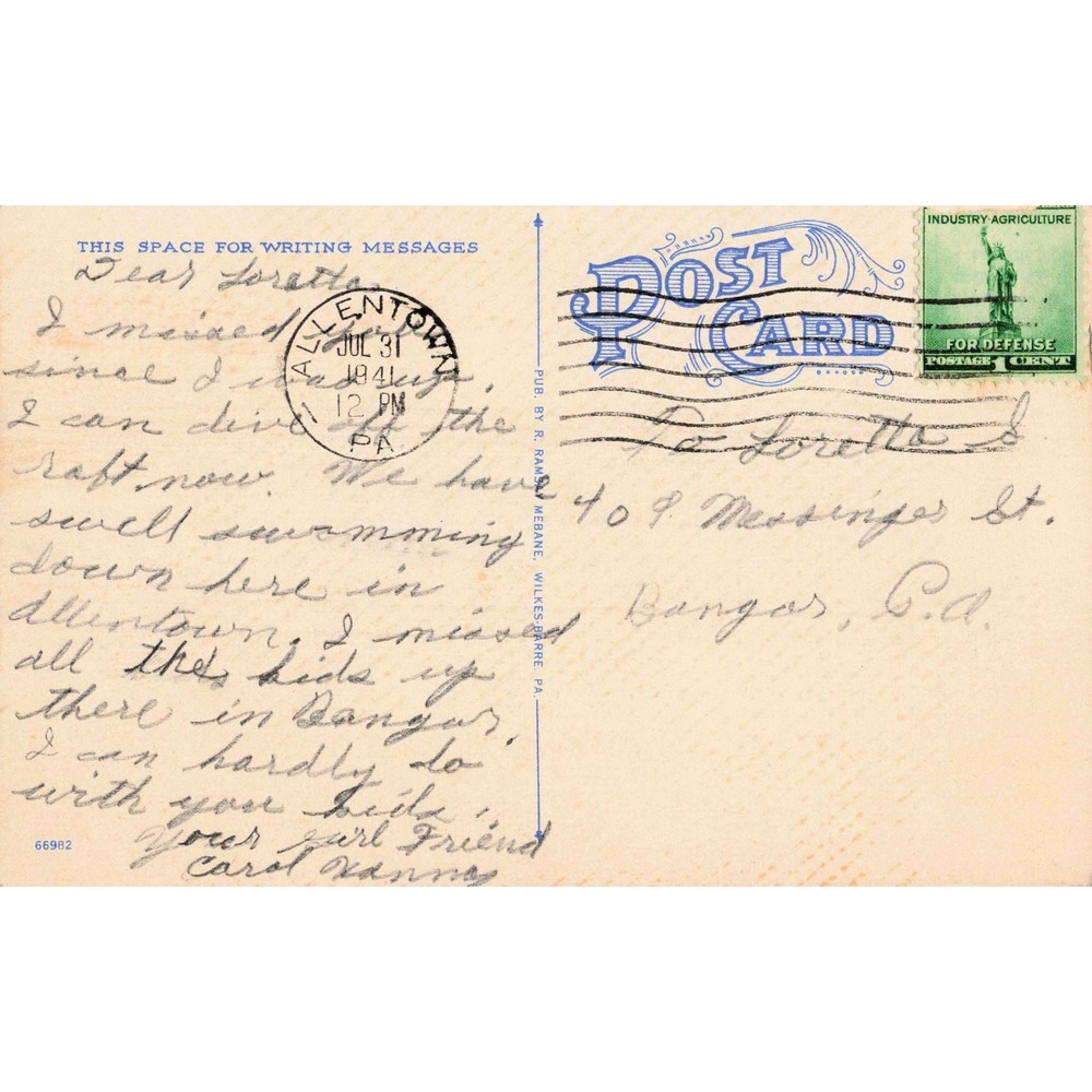 Allentown High School Allentown Pennsylvania PA Linen Postcard 1941 Mebane - Picture 2 of 2